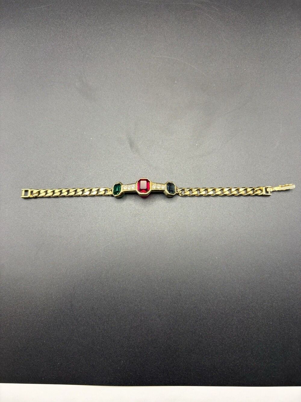D’Orlan Gold Tone Bracelet Red Green Stone Rhinestone Link Vintage 7in